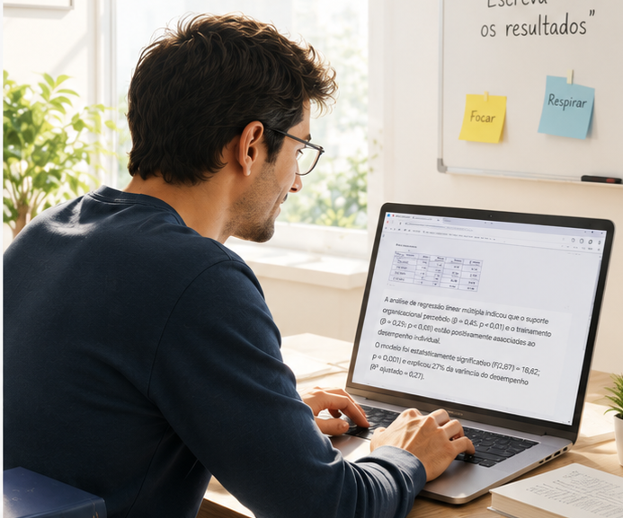 Pesquisador escrevendo resultados acadêmicos após interpretar uma regressão linear no Jamovi