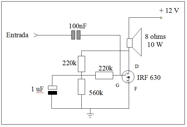 Circuito amplificador classe A com FET.